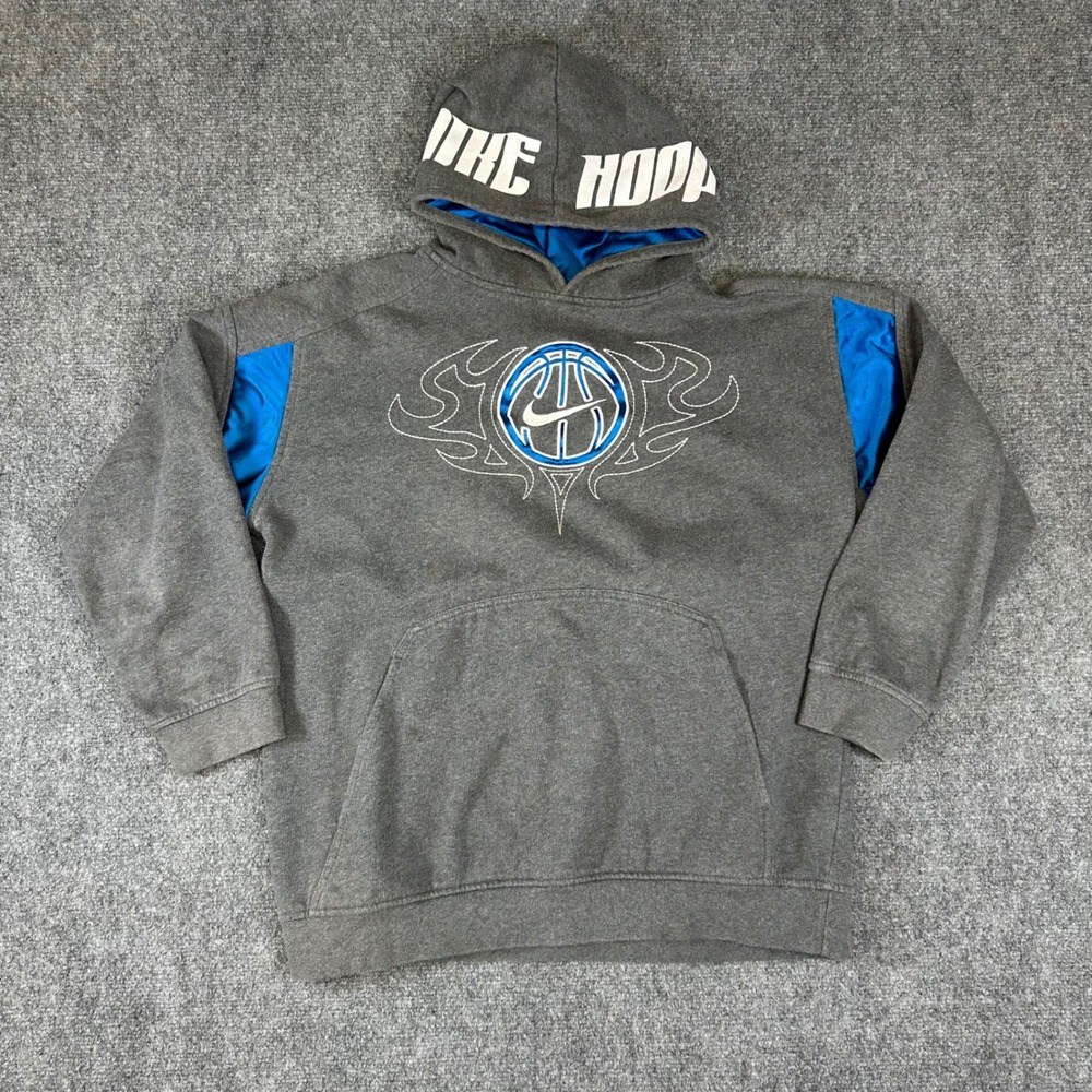 Nike Hoops Hoodie Grey Blue Tribal Basketball  Boys‎ L 14-16 Y2K Streetwear